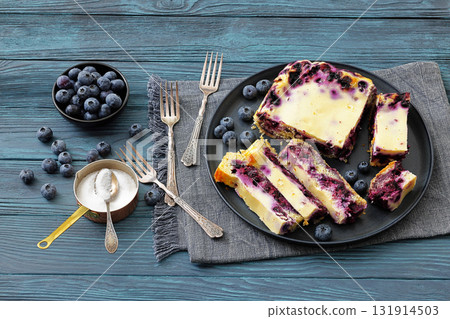 Finnish Blueberry pie cut in slices on a plate 131914503