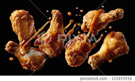 Golden crispy fried chicken pieces being drizzled with a shiny brown sauce. A dark background emphasizes the tasty food. Golden crispy fried chicken pieces being drizzled with a shiny brown sauce. A dark background emphasizes the tasty food. 131914558