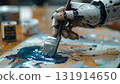 A futuristic art scene where androids hold brushes and create. 131914650