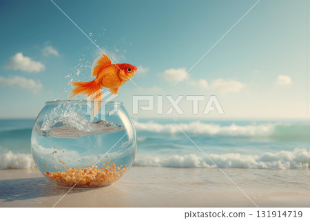 Goldfish leaps from bowl into ocean under sunny sky 131914719