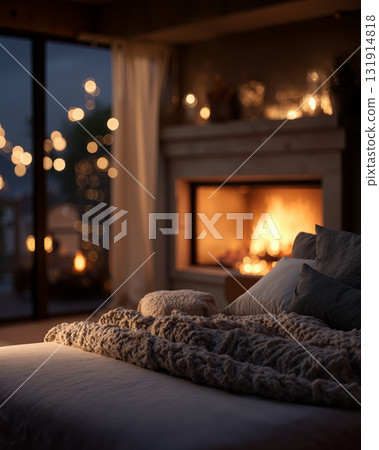 Cozy bedroom decorated with soft bokeh lights and a warm fireplace inviting relaxation at night 131914818