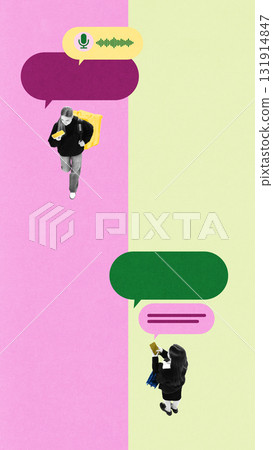 Modern artwork. Courier and office worker communicating with voice message icons on split colorful background 131914847