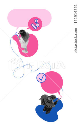 Collage of doctor and patient communicating online with pink chat bubbles and blue icons 131914861