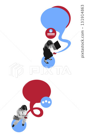 Abstract composition of two people communicating with large red and blue speech bubbles 131914863