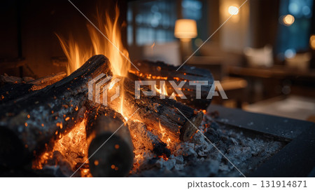 Cozy scene of burning firewood in a modern fireplace during evening relaxation 131914871