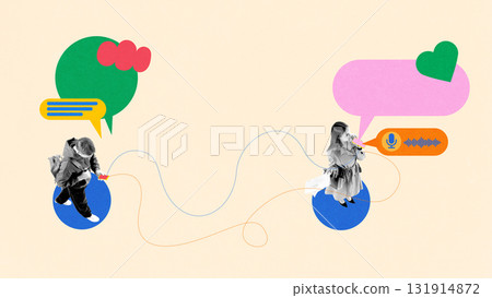 Colorful digital composition of two people communicating via smartphones with abstract speech bubbles 131914872