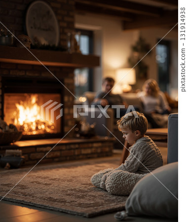 Child enjoys warmth while playing near a cozy fireplace in a welcoming living room during evening hours Child enjoys warmth while playing near a cozy fireplace in a welcoming living room during evening hours 131914938