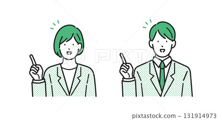 Illustration material: A set of young men and women in suits pointing and explaining 131914973