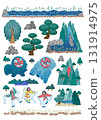 Modern Spirit of Korean Mask Dance in Korean Scenic Nature. Template design for stickers and icons. 131914975