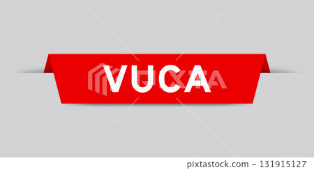 Red color inserted label with word VUCA (abbreviation of Volatility, uncertainty, complexity and ambiguity) on gray background 131915127