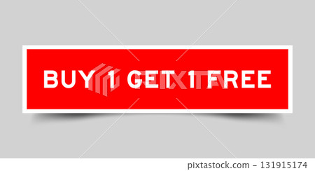 Red color square shape sticker label with word buy 1 get 1 free on gray background Red color square shape sticker label with word buy 1 get 1 free on gray background 131915174