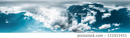 Blue summer sky panorama with Cumulus clouds. Seamless hdr spherical 360 panorama. Zenith or sky dome in 3D visualization, sky replacement for aerial drone 360 panoramas. Weather and climate change Blue summer sky panorama with Cumulus clouds. Seamless hdr spherical 360 panorama. Zenith or sky dome in 3D visualization, sky replacement for aerial drone 360 panoramas. Weather and climate change 131915451