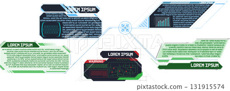 Data display overview showcasing charts and warning messages in a futuristic setting 131915574