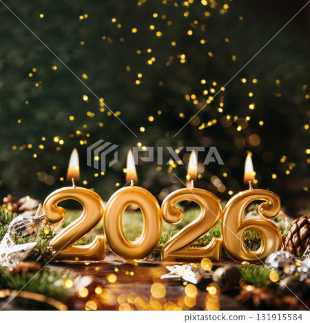 Holiday background Happy New Year 2026. Numbers of year 2026 made by gold burning candles on bokeh festive sparkling background. celebrating New Year holiday, close-up. Space for text Holiday background Happy New Year 2026. Numbers of year 2026 made by gold burning candles on bokeh festive sparkling background. celebrating New Year holiday, close-up. Space for text 131915584