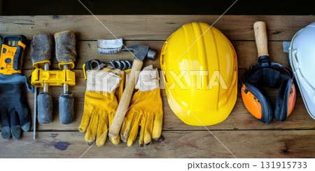 Construction safety equipment and tools on wooden table Construction safety equipment and tools on wooden table 131915733