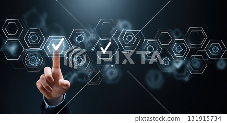 Hand touching virtual screen for quality check choosing solution Hand touching virtual screen for quality check choosing solution 131915734