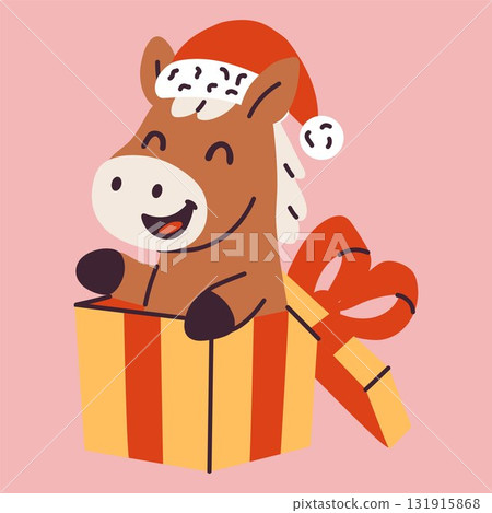 Happy horse in Santa hat popping out of gift box during festive season celebration Happy horse in Santa hat popping out of gift box during festive season celebration 131915868