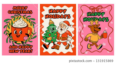 Colorful holiday greeting cards featuring festive designs and cheerful characters celebrating Christmas and New Year 131915869