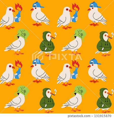 Colorful cartoon pigeons in playful outfits on an orange background, showcasing fun designs and lively expressions Colorful cartoon pigeons in playful outfits on an orange background, showcasing fun designs and lively expressions 131915870
