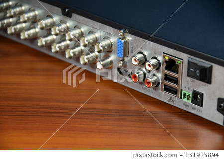 Rear view of the CCTV recorder, with various connection ports. 131915894