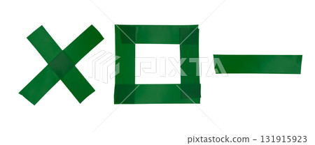 Set of green adhesive tape shapes isolated on transparent background. Crossed, square, and straight duct tape pieces with glossy texture for mockup, labels, scrapbooking, or graphic design projects 131915923