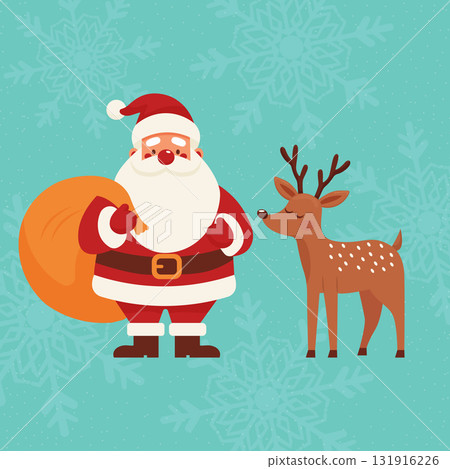 Santa and reindeer Christmas greeting card flat vector illustration. Santa and reindeer Christmas greeting card flat vector illustration. 131916226