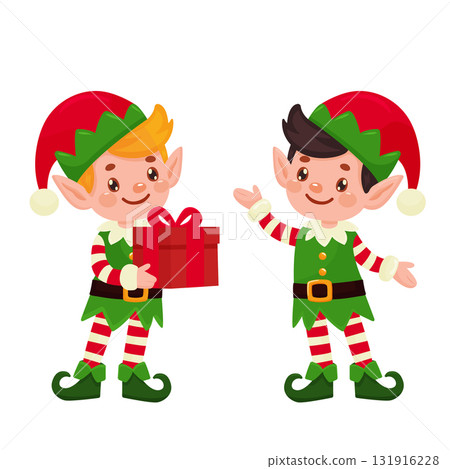 Holiday Christmas elves flat characters illustration. Holiday Christmas elves flat characters illustration. 131916228