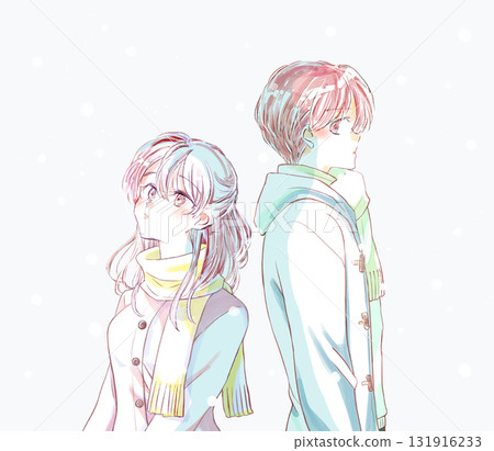 Man and woman standing back to back, lonely, winter, snow Man and woman standing back to back, lonely, winter, snow 131916233