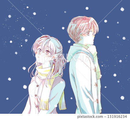 Man and woman standing back to back, lonely, winter, snow 131916234