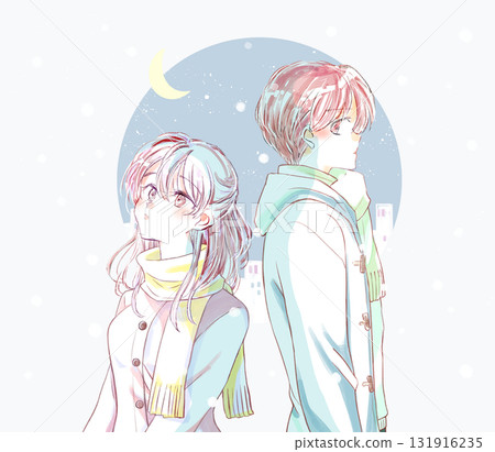 一個男人和一個女人背對背地站著，在一個孤獨的冬日月夜，白雪皚皚 131916235