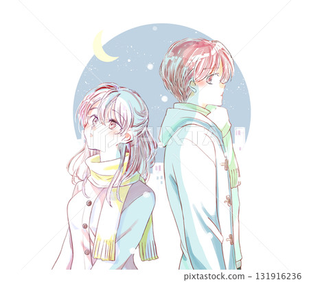 一個男人和一個女人背對背地站著，在一個孤獨的冬日月夜，白雪皚皚 131916236