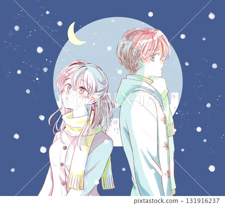 A man and woman standing back to back in a lonely winter moonlit night with snow 131916237