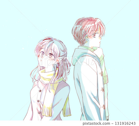 一個男人和一個女人在一個孤獨的冬天背靠背站著 131916243