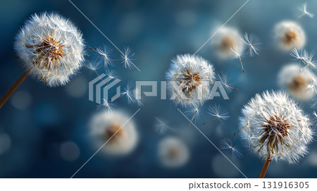 A blue sky landscape with dandelion fluff flying. 131916305