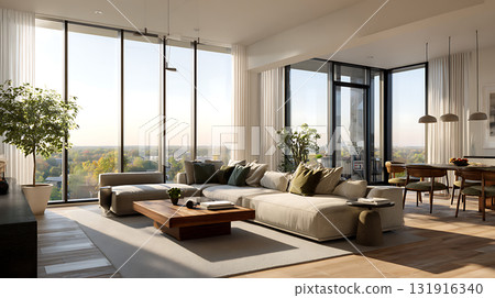 A modern living room with natural light and a comfortable space 131916340