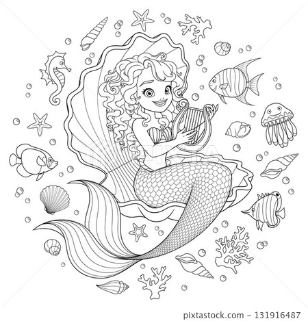 A beautiful mermaid with a harp surrounded with fishes, corals and shells. Vector coloring page. A beautiful mermaid with a harp surrounded with fishes, corals and shells. Vector coloring page. 131916487
