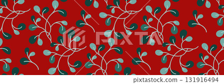 Striking minimalist botanical pattern. Soft green leaves and swirling branches on red background. Ideal for modern textiles, wallpapers, home decor and creative design. Vector flat illustration. 131916494