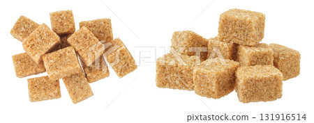 brown sugar cubes isolated on white background. Top view, flat lay 131916514