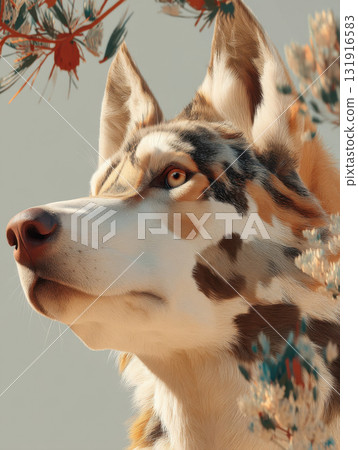 Majestic wolf with unique fur pattern gazes into distance, surrounded by soft foliage and warm light, evoking serene 131916583