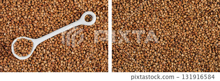 Raw buckwheat in ceramic spoon as a background. Top view. Flat lay Raw buckwheat in ceramic spoon as a background. Top view. Flat lay 131916584