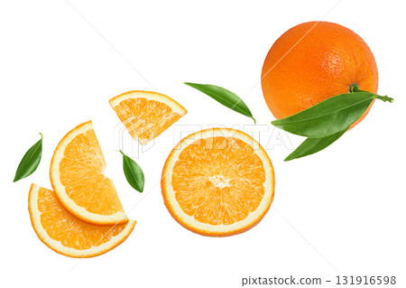 Orange fruit slices isolated on white background. Top view. Flat lay. 131916598