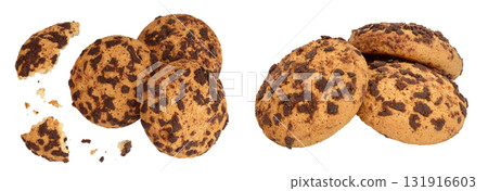 oatmeal chocolate chip cookie isolated on white background. Top view. Flat lay oatmeal chocolate chip cookie isolated on white background. Top view. Flat lay 131916603