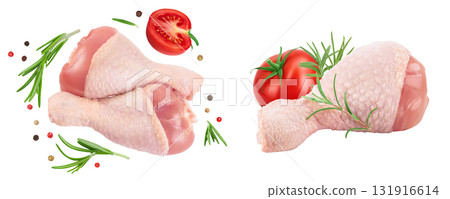Raw chicken leg or drumstick isolated on white background with copy space for your text. Top view. Flat lay Raw chicken leg or drumstick isolated on white background with copy space for your text. Top view. Flat lay 131916614