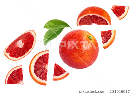 Blood red oranges slices isolated on white background . Top view. Flat lay Blood red oranges slices isolated on white background . Top view. Flat lay 131916617
