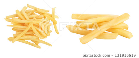 French fries or fried potatoes isolated on white background with full depth of field. Top view. Flat lay French fries or fried potatoes isolated on white background with full depth of field. Top view. Flat lay 131916619