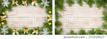 Christmas frame made of fir branches decorated with snowflakes and gold bows on a light wooden background 131916627