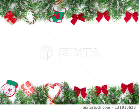 Christmas Frame of Fir tree branch with snow isolated on white background with copy space for your text. Top view Christmas Frame of Fir tree branch with snow isolated on white background with copy space for your text. Top view 131916628