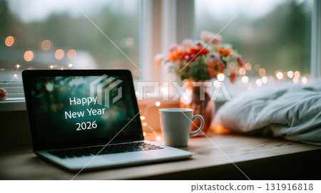 Cozy desk setup with laptop displaying Happy New Year 2026, coffee mug, and vase of flowers, evoking festive atmosphere Cozy desk setup with laptop displaying Happy New Year 2026, coffee mug, and vase of flowers, evoking festive atmosphere 131916818