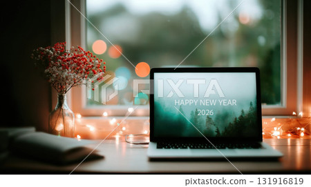 Cozy desk setup with laptop displaying Happy New Year 2026 screen, surrounded by warm fairy lights, vase of flowers Cozy desk setup with laptop displaying Happy New Year 2026 screen, surrounded by warm fairy lights, vase of flowers 131916819