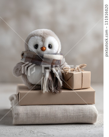 Cute plush owl wearing scarf sits on stacked neutral toned gift boxes, evoking cozy Christmas and New Year atmosphere Cute plush owl wearing scarf sits on stacked neutral toned gift boxes, evoking cozy Christmas and New Year atmosphere 131916820